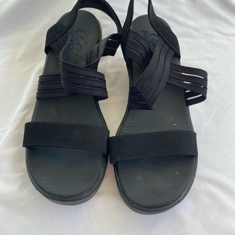 Skechers Luxe Foam Comfortable Stretch Strap Slip On 2" Wedge Sandals, Black